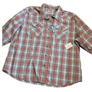 Wrangler Shirt 3XL Orange Blue Plaid Cowboy Wash Button Up Rodeo Slim Fit